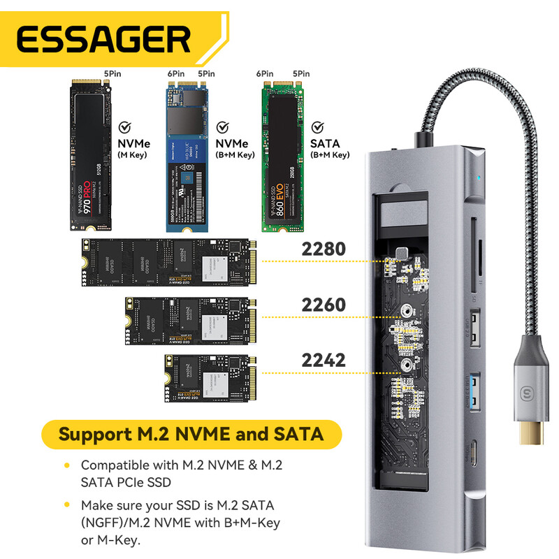 USB-хаб Essager 8 in 1 USB-C Hub with 10Gbps M.2 NVMe SSD Enclosure (EHB08-QK0G-Z)