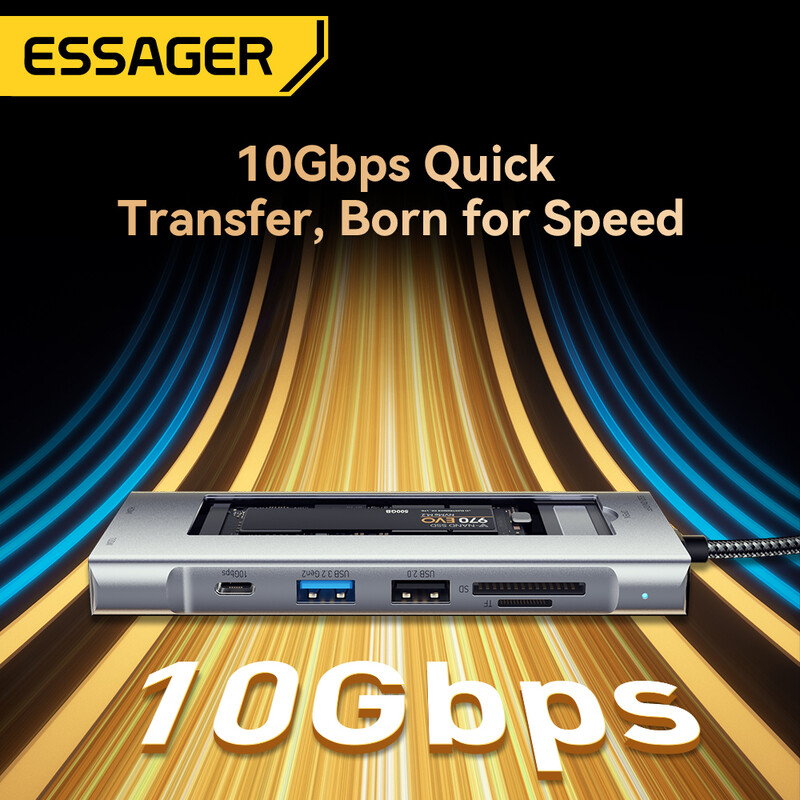 USB-хаб Essager 8 in 1 USB-C Hub with 10Gbps M.2 NVMe SSD Enclosure (EHB08-QK0G-Z)