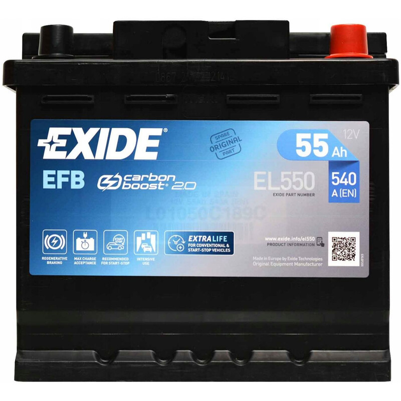 Акумулятор автомобільний Exide EFB 55h 480А 12V R+ (EL550)