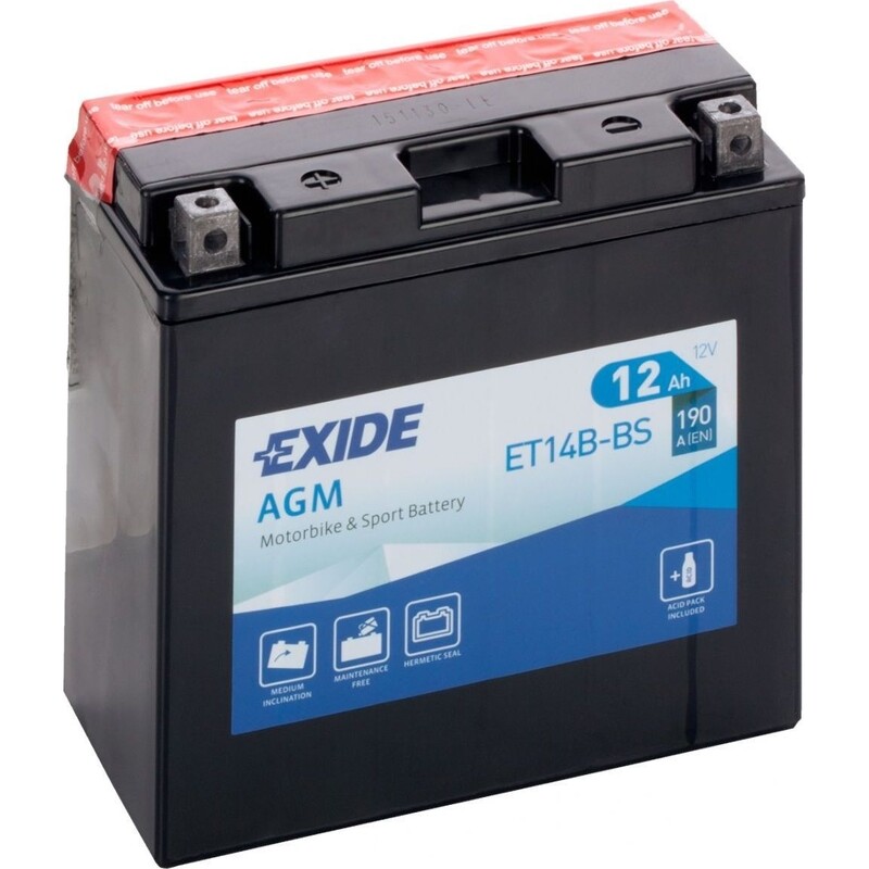 Аккумулятор мотоциклетный Exide AGM 12Ah 190А 12V L+ (ET14B-BS)