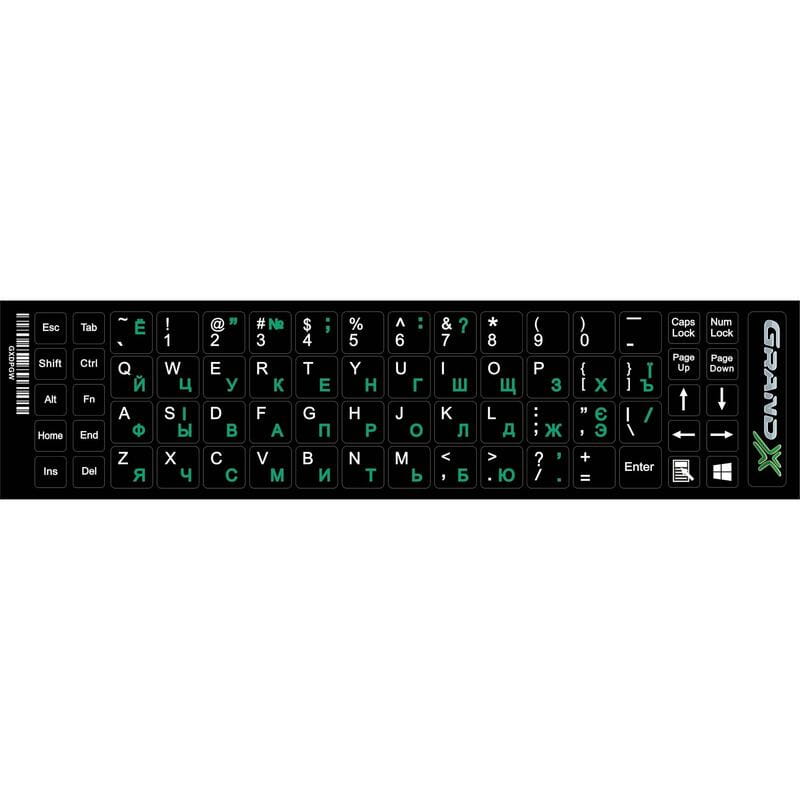 Наклейки на клавиатуру Grand-X 68 keys Cyrillic green, Latin white (GXDPGW)