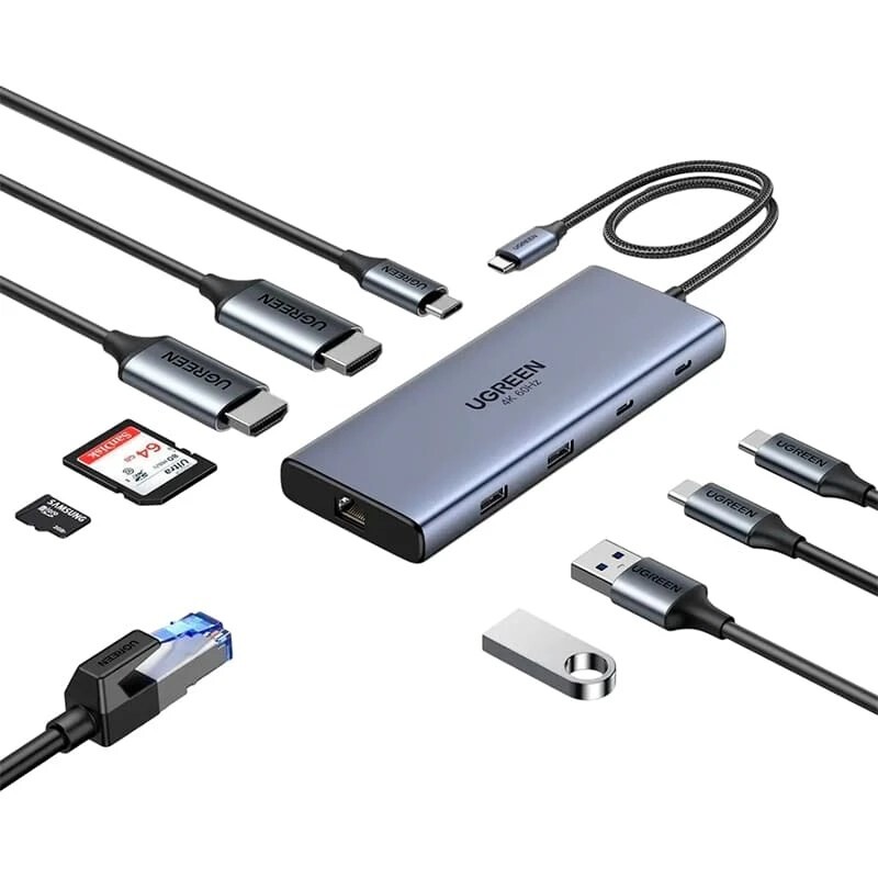 USB-хаб Ugreen CM639 USB 3.2 Type-C - 2xUSB 3.2, 3xUSB-C, 2хHDMI, RJ-45 Gray (45380)
