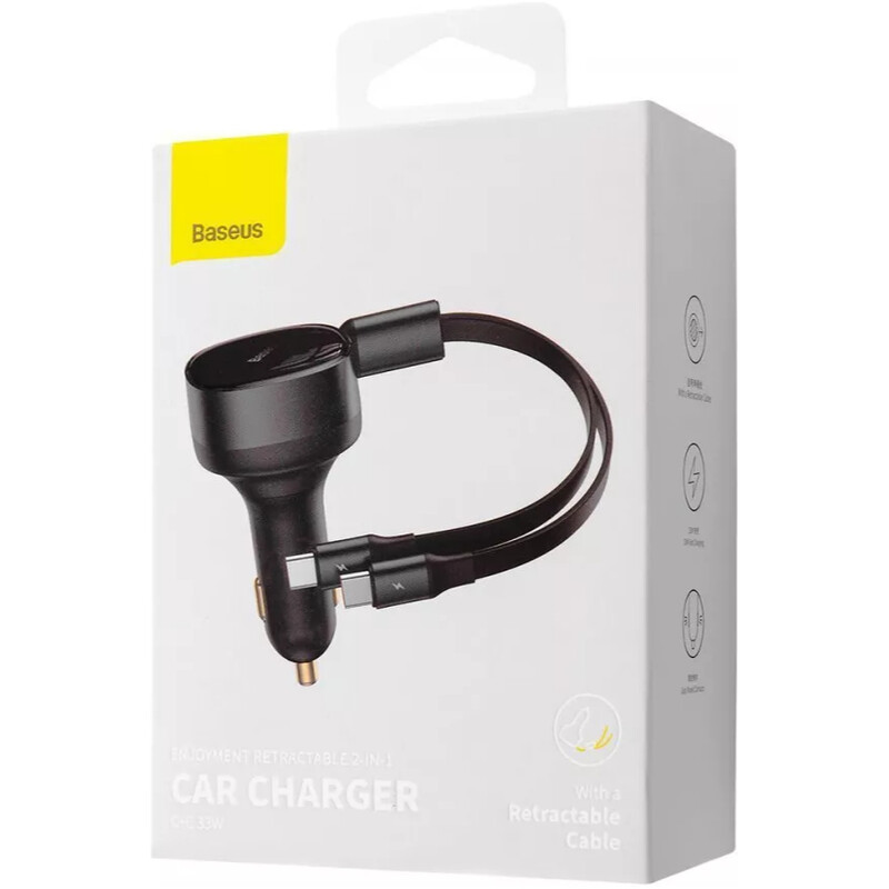 Автомобільний зарядний пристрій Baseus Enjoyment Retractable 2-in-1 (2xUSB-C) 33W Black (C00035500111-00)