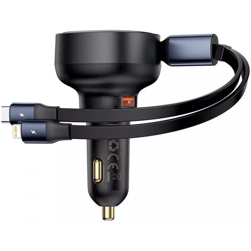 Автомобільний зарядний пристрій Baseus Enjoyment Pro (1USB, 2 вбудовані кабелі USB-C/Lightning) 60W Black (C00057802111-02)