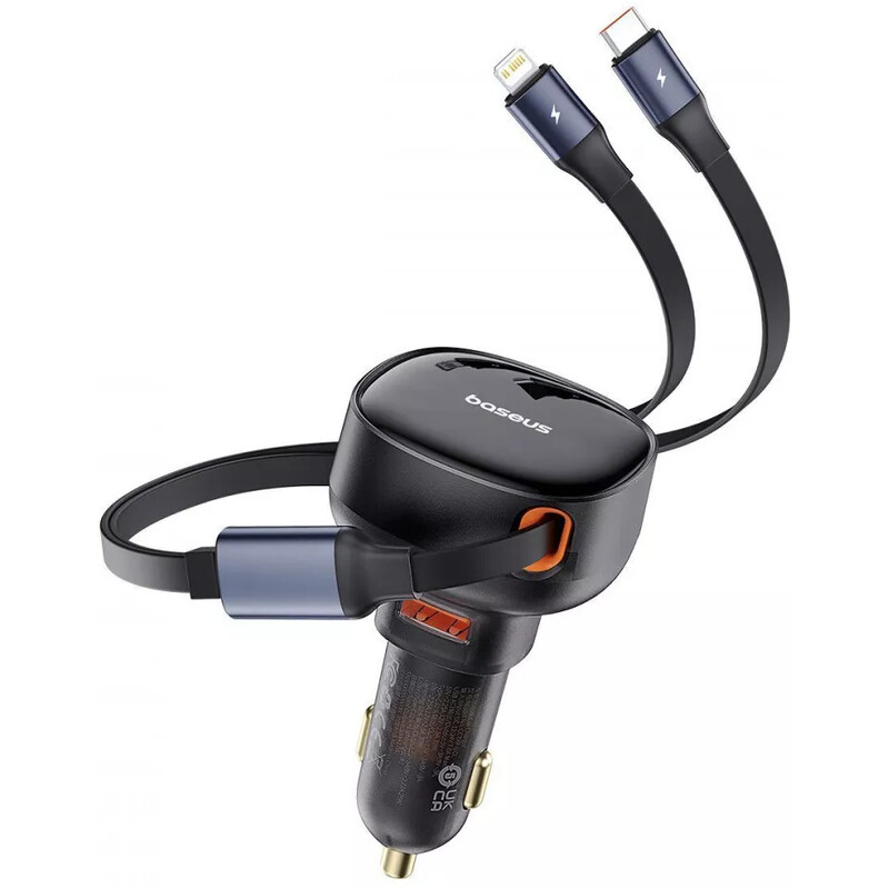 Автомобільний зарядний пристрій Baseus Enjoyment Pro (1USB, 2 вбудовані кабелі USB-C/Lightning) 60W Black (C00057802111-02)
