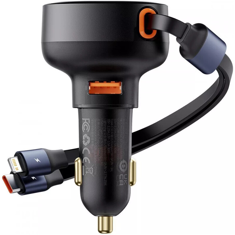 Автомобільний зарядний пристрій Baseus Enjoyment Pro (1USB, 2 вбудовані кабелі USB-C/Lightning) 60W Black (C00057802111-02)