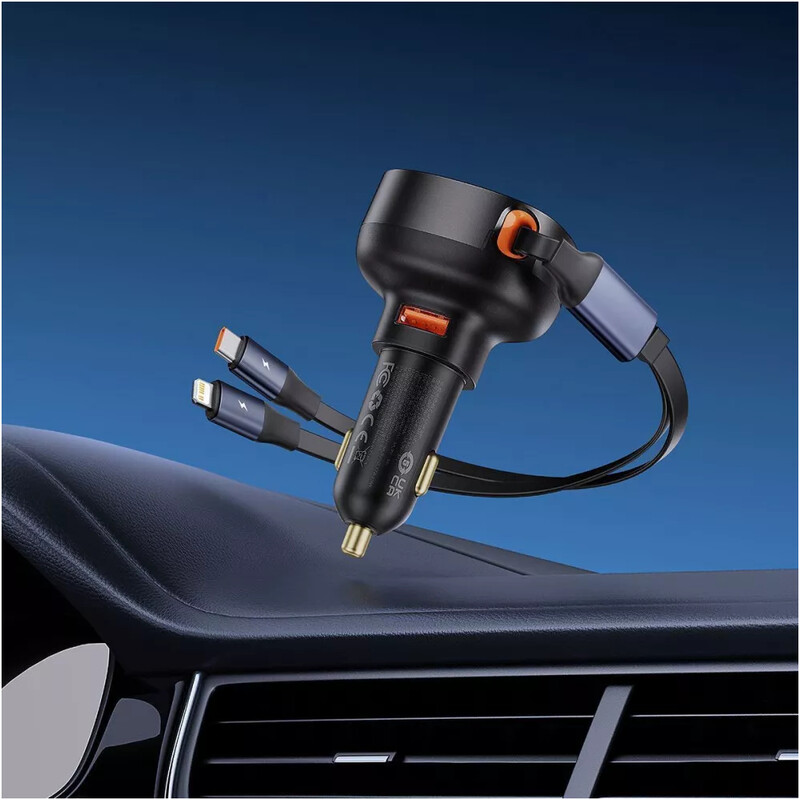 Автомобільний зарядний пристрій Baseus Enjoyment Pro (1USB, 2 вбудовані кабелі USB-C/Lightning) 60W Black (C00057802111-02)