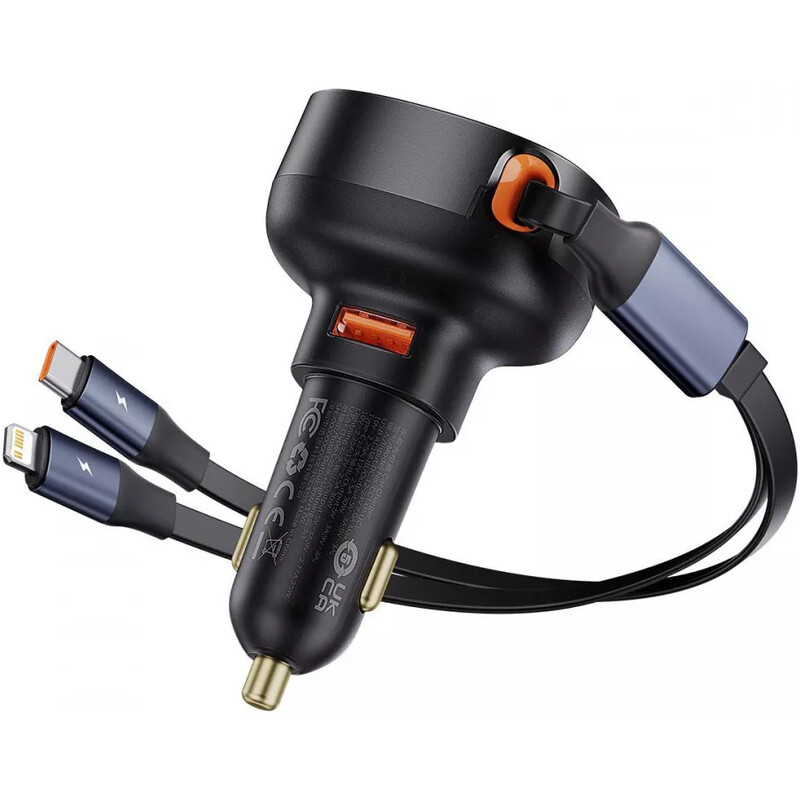 Автомобільний зарядний пристрій Baseus Enjoyment Pro (1USB, 2 вбудовані кабелі USB-C/Lightning) 60W Black (C00057802111-02)