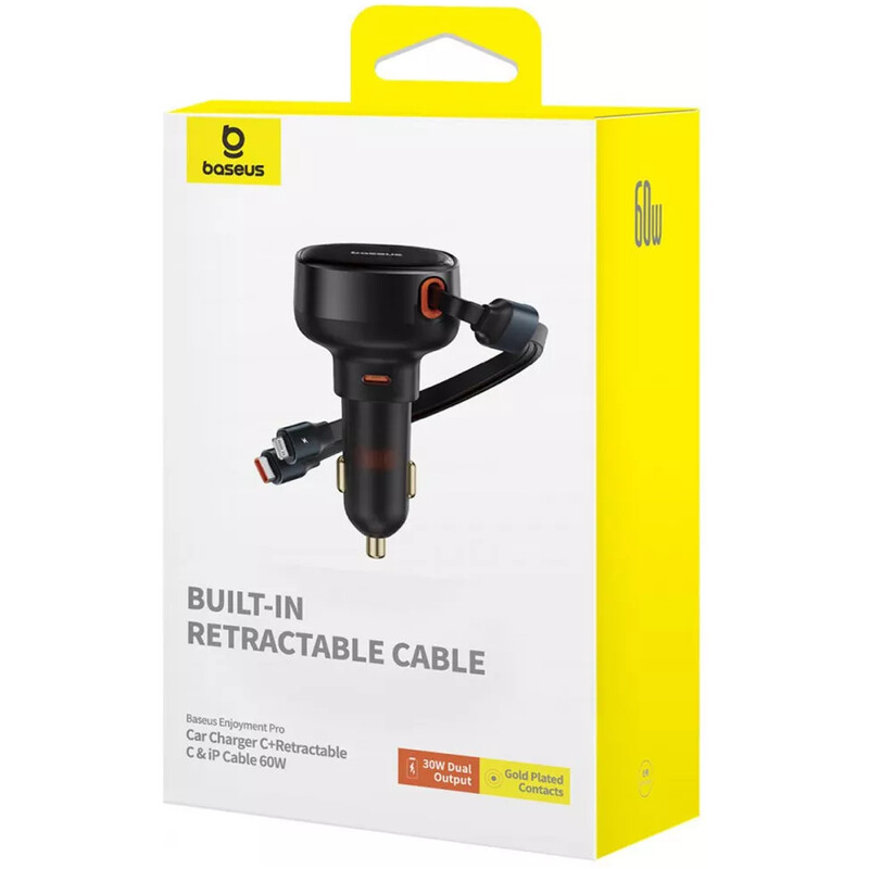Автомобільний зарядний пристрій Baseus Enjoyment Pro (1USB-C, 2 вбудовані кабелі USB-C/Lightning) 60W Black (C00057802111-00)