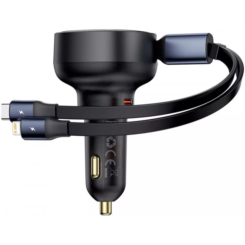 Автомобільний зарядний пристрій Baseus Enjoyment Pro (1USB-C, 2 вбудовані кабелі USB-C/Lightning) 60W Black (C00057802111-00)