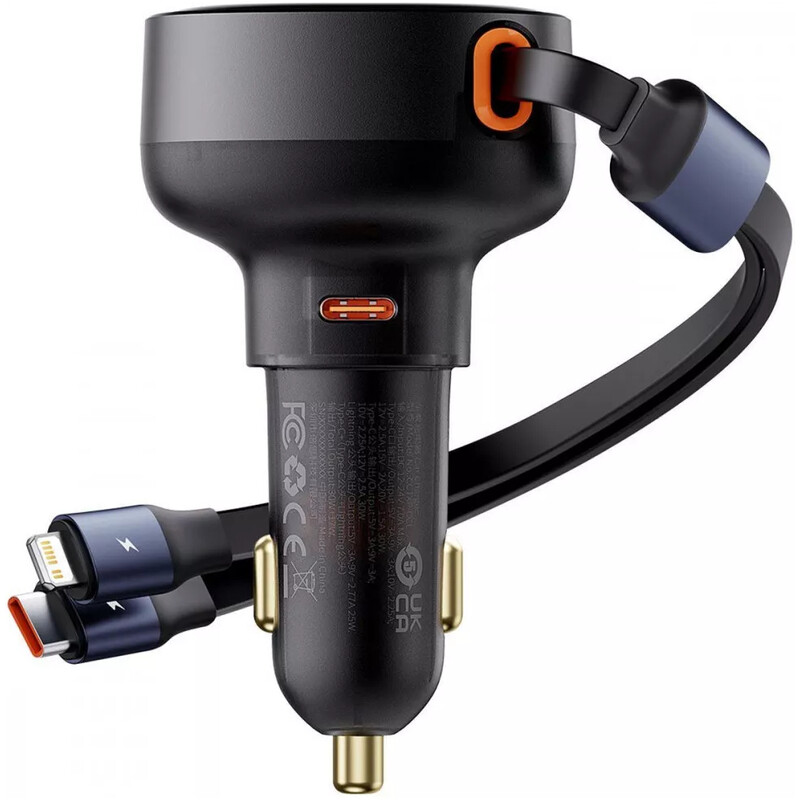 Автомобільний зарядний пристрій Baseus Enjoyment Pro (1USB-C, 2 вбудовані кабелі USB-C/Lightning) 60W Black (C00057802111-00)