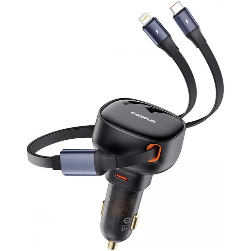 Автомобільний зарядний пристрій Baseus Enjoyment Pro (1USB-C, 2 вбудовані кабелі USB-C/Lightning) 60W Black (C00057802111-00)
