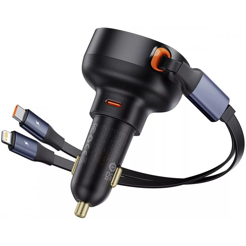 Автомобільний зарядний пристрій Baseus Enjoyment Pro (1USB-C, 2 вбудовані кабелі USB-C/Lightning) 60W Black (C00057802111-00)