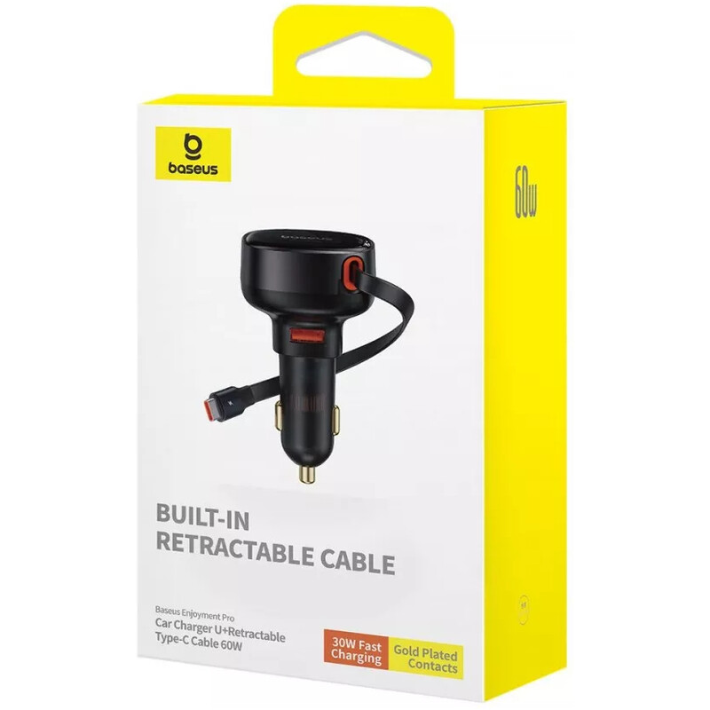 Автомобільний зарядний пристрій Baseus Enjoyment Pro (1USB, вбудований кабель USB Type-C) 60W Black (C00057800111-00)