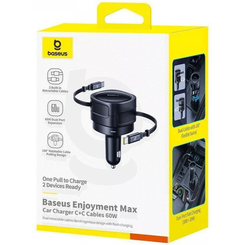 Автомобільний зарядний пристрій Baseus Enjoyment Max (2 вбудовані кабелі USB-C) 60W Black (C00035507121-01)