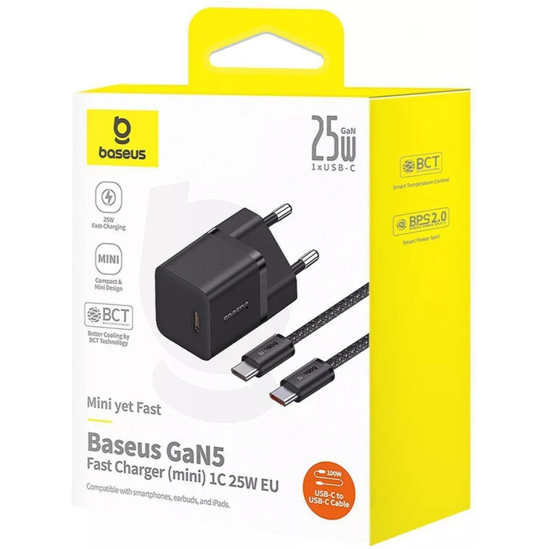 Мережевий зарядний пристрій Baseus GaN5 Fast Charger Mini 1C (1USB-C) 25W Black (P10110909113-01) + кабель USB Type-C 1 м