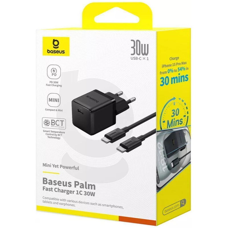 Мережевий зарядний пристрій Baseus Palm Fast Charger 1C (1USB-C) 30W Black (P10111605113-01) + кабель USB Type-C 1 м