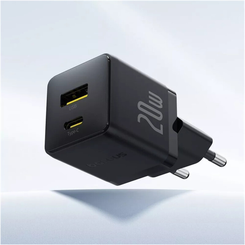 Мережевий зарядний пристрій Baseus Palm Fast Charger C+U (1USB, 1USB-C) 20W Black (P10111608113-01) + кабель USB Type-C 1 м