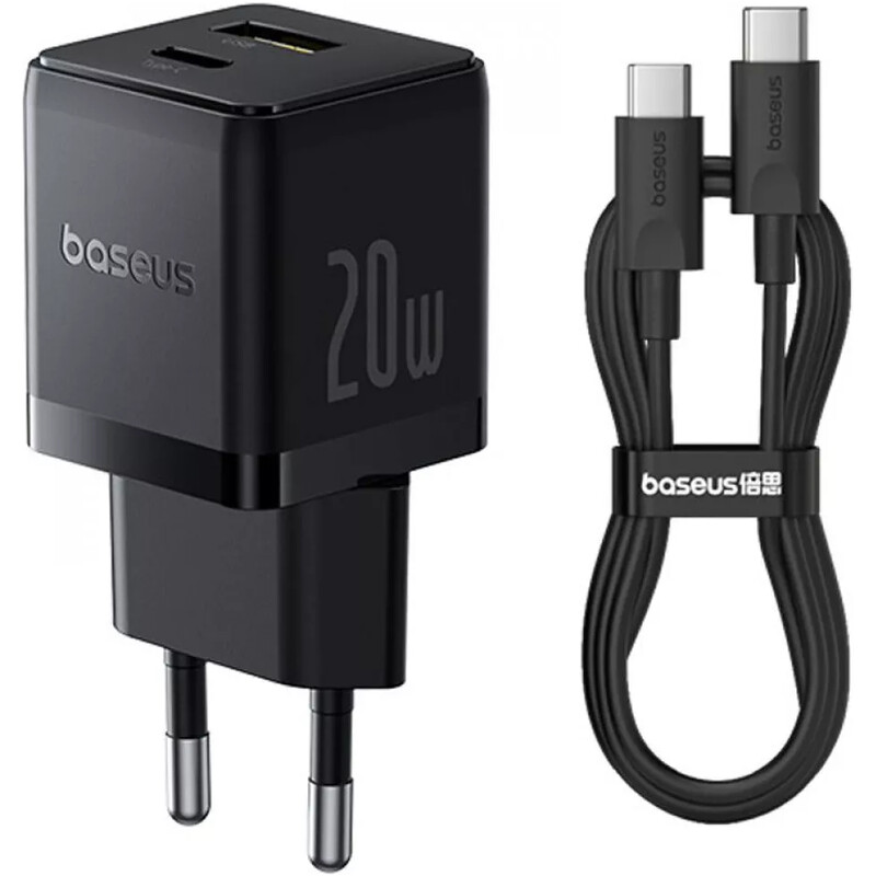 Мережевий зарядний пристрій Baseus Palm Fast Charger C+U (1USB, 1USB-C) 20W Black (P10111608113-01) + кабель USB Type-C 1 м