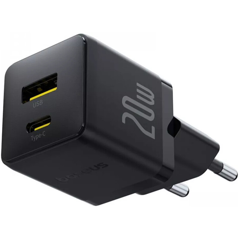 Мережевий зарядний пристрій Baseus Palm Fast Charger C+U (1USB, 1USB-C) 20W Black (P10111608113-01) + кабель USB Type-C 1 м