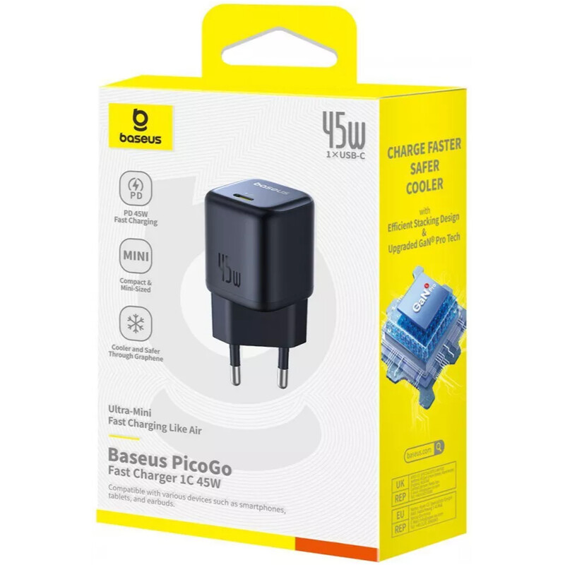 Мережевий зарядний пристрій Baseus PicoGo GaN Fast Charger 1C (1USB-C) 45W Black (P10176800123-00)