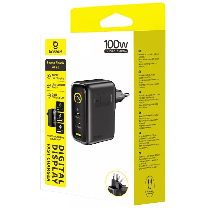 Мережевий зарядний пристрій Baseus PicoGo AE21 (2USB-C, 1USB) 100W Black (E0121B00) + кабель USB Type-C 1,5 м