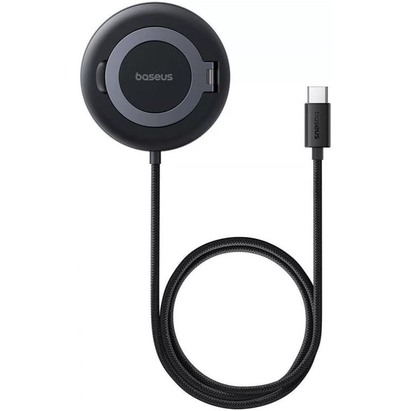 Бездротовий зарядний пристрій Baseus Simple Mini4 Magnetic Wireless Charging Stand Qi2 15W Cosmic Black (P10273300121-01) + кабель USB Type-C 1,5 м