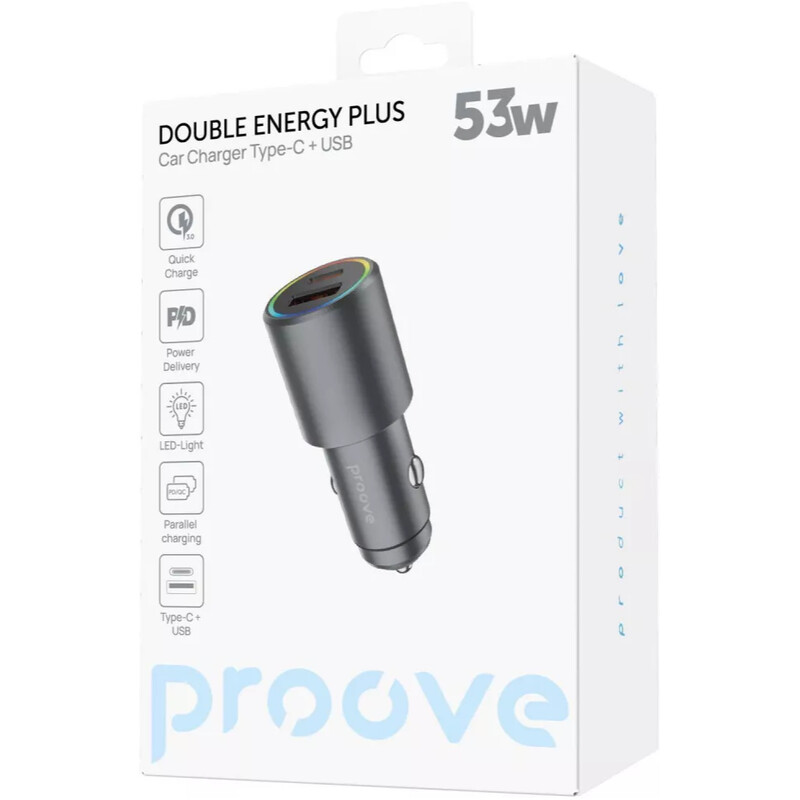 Автомобільний зарядний пристрій Proove Double Energy Plus (1USB, 1USB-C) 53W Metal Gray (ACDE53110004)