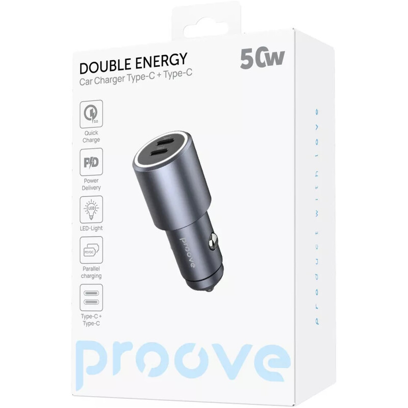 Автомобільний зарядний пристрій Proove Double Energy 50W (2xUSB-C) Metal Gray (ACDE50022206)