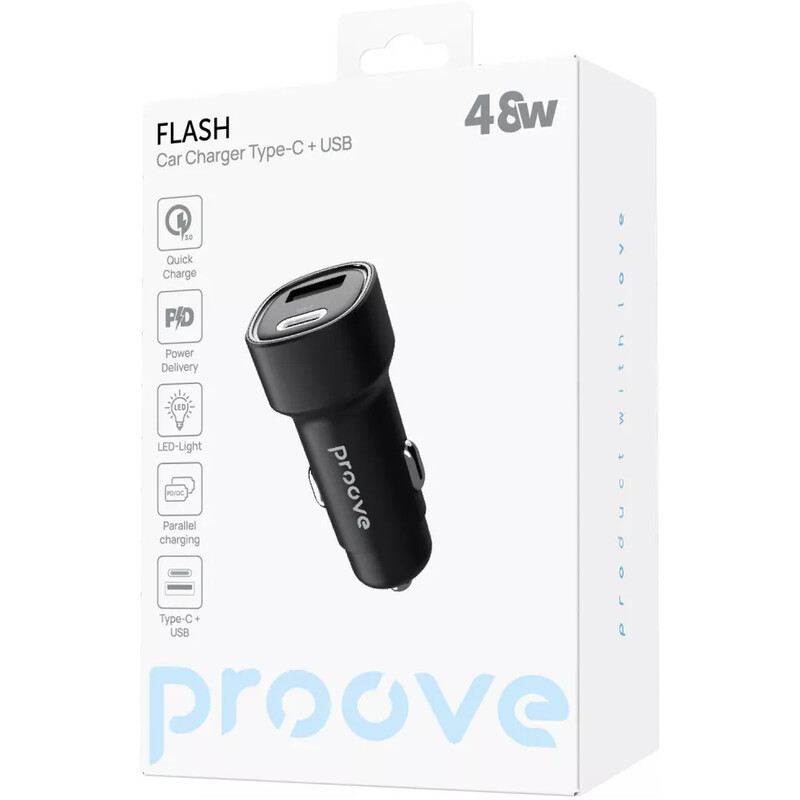 Автомобільний зарядний пристрій Proove Flash (1USB, 1USB-C) 48W Black (CCFL48111201)