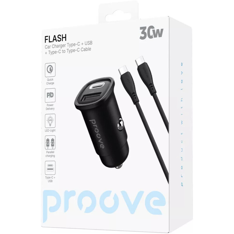 Автомобільний зарядний пристрій Proove Flash (1USB, 1USB-C) 30W Black (CCFC30111201) + кабель USB Type-C 1 м