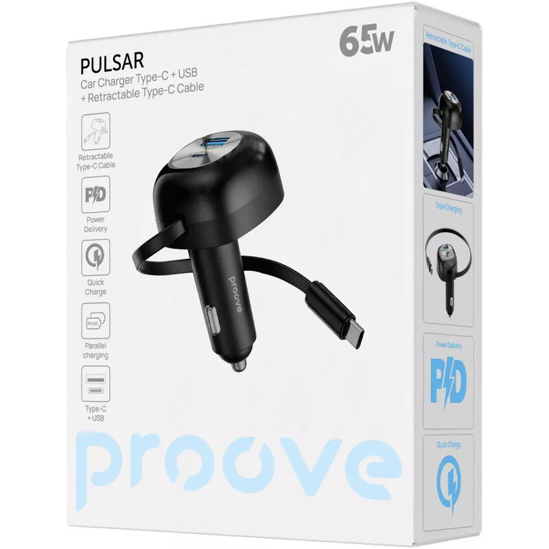 Автомобільний зарядний пристрій Proove Pulsar (1USB, 1USB-C, вбудований кабель USB-C) 65W Black (CCPR65110001)
