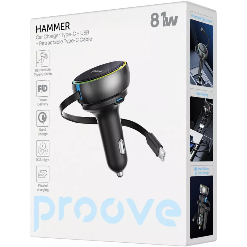 Автомобільний зарядний пристрій Proove Hammer (1USB, 1USB-C, вбудований кабель USB-C) 81W Black (CCHR81110001)