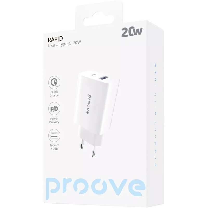 Мережевий зарядний пристрій Proove Rapid (1USB, 1USB-C) 20W White (WCRP20110002)