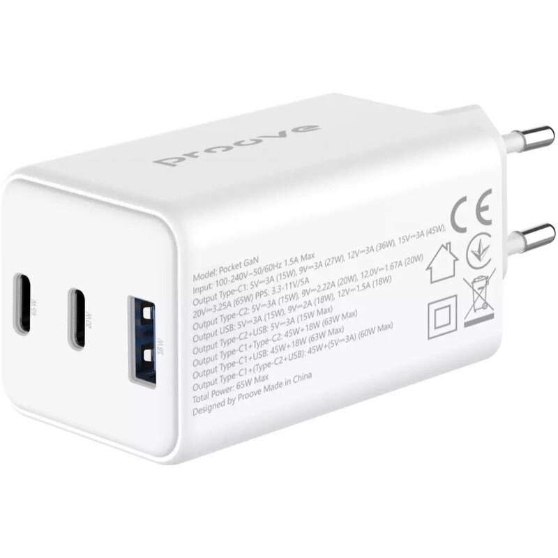 Мережевий зарядний пристрій Proove Pocket GaN (2xUSB-C, 1USB) 65W White (WCPG65121202)