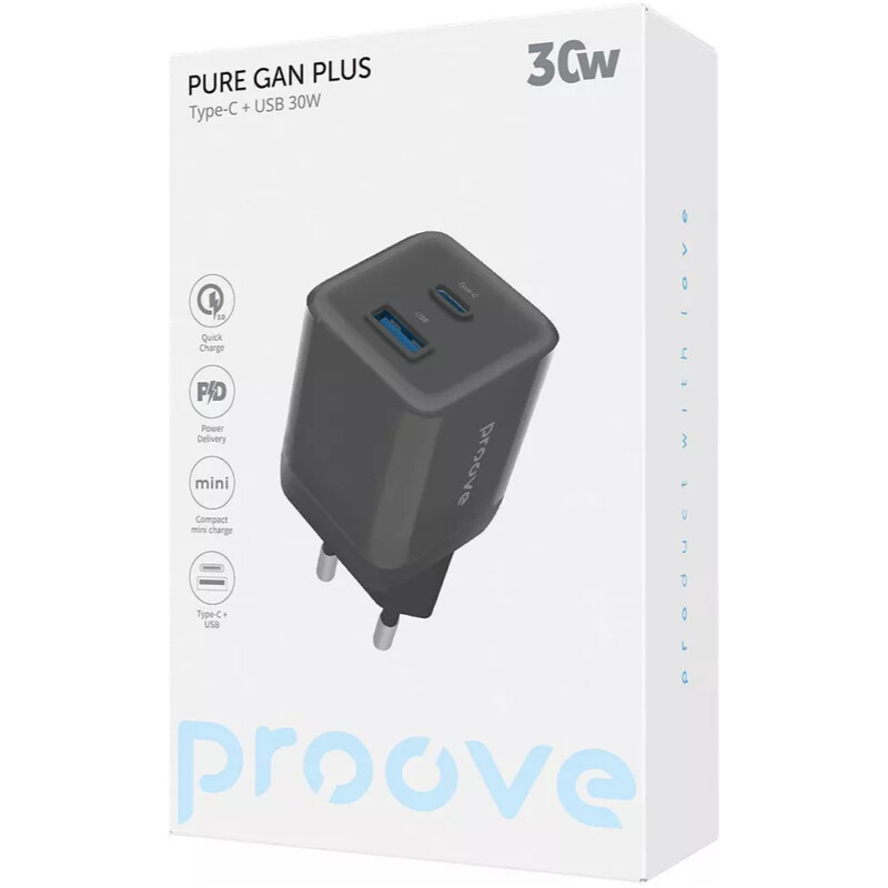Сетевое зарядное устройство Proove Pure GaN Plus (1USB-C, 1USB) 30W Black (WCPU30111201)