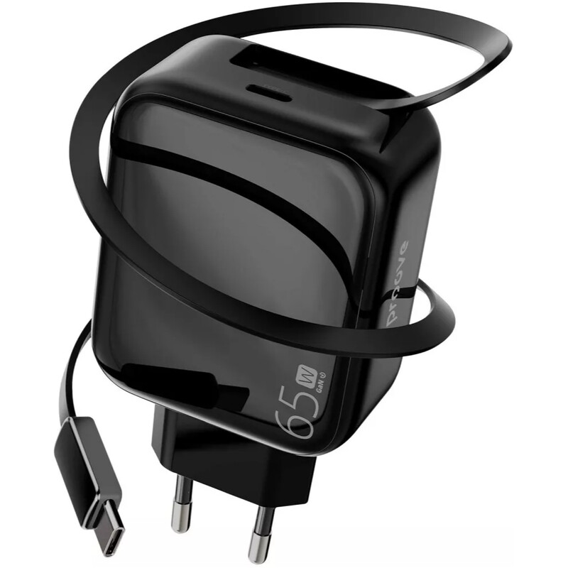 Сетевое зарядное устройство Proove Fixtape GaN (1USB-C, вбудований кабель USB-C) 65W Black (WCFP65010201)