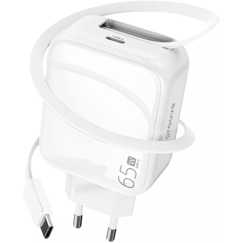 Сетевое зарядное устройство Proove Fixtape GaN (1USB-C, вбудований кабель USB-C) 65W White (WCFP65010202)