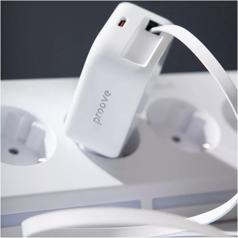 Сетевое зарядное устройство Proove Fixtape GaN (1USB-C, вбудований кабель USB-C) 65W White (WCFP65010202)