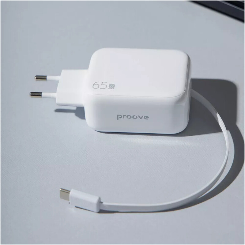 Сетевое зарядное устройство Proove Fixtape GaN (1USB-C, вбудований кабель USB-C) 65W White (WCFP65010202)