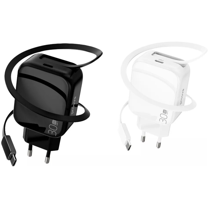 Мережевий зарядний пристрій Proove Fixtape GaN (1USB-C, вбудований кабель USB-C) 30W White (WCFP30010202)