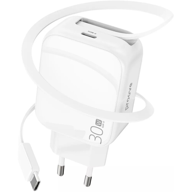 Мережевий зарядний пристрій Proove Fixtape GaN (1USB-C, вбудований кабель USB-C) 30W White (WCFP30010202)
