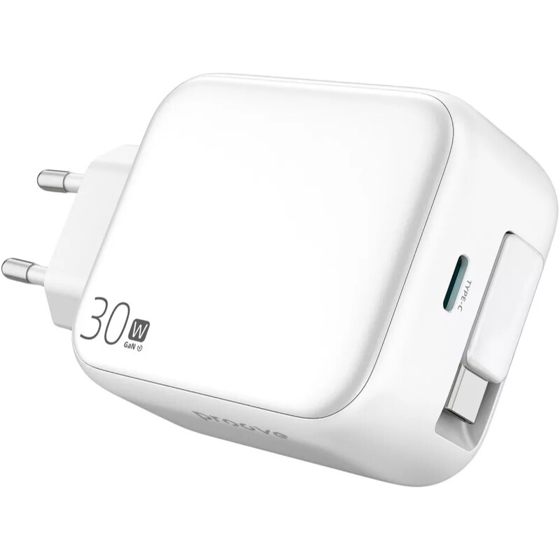 Мережевий зарядний пристрій Proove Fixtape GaN (1USB-C, вбудований кабель USB-C) 30W White (WCFP30010202)