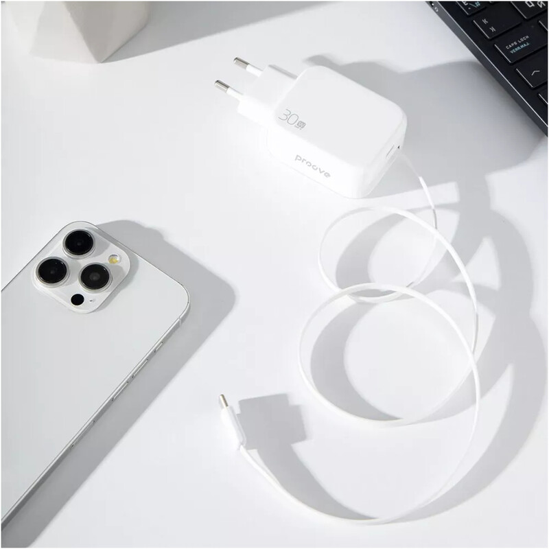 Мережевий зарядний пристрій Proove Fixtape GaN (1USB-C, вбудований кабель USB-C) 30W White (WCFP30010202)