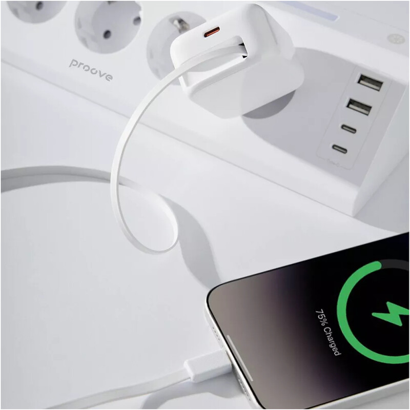 Мережевий зарядний пристрій Proove Fixtape GaN (1USB-C, вбудований кабель USB-C) 30W White (WCFP30010202)