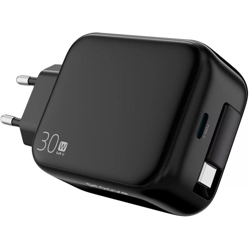 Мережевий зарядний пристрій Proove Fixtape GaN (1USB-C, вбудований кабель USB-C) 30W Black (WCFP30010201)