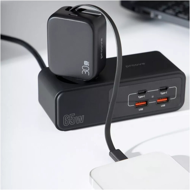 Мережевий зарядний пристрій Proove Fixtape GaN (1USB-C, вбудований кабель USB-C) 30W Black (WCFP30010201)