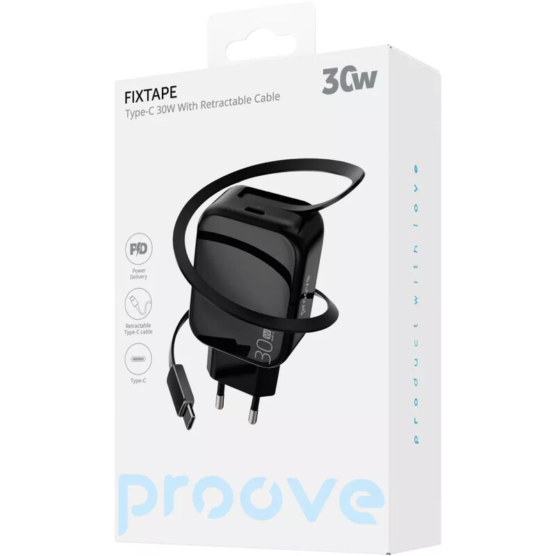 Мережевий зарядний пристрій Proove Fixtape GaN (1USB-C, вбудований кабель USB-C) 30W Black (WCFP30010201)