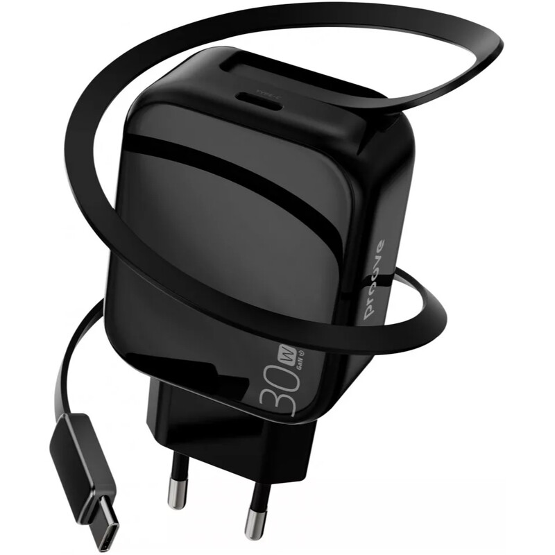 Мережевий зарядний пристрій Proove Fixtape GaN (1USB-C, вбудований кабель USB-C) 30W Black (WCFP30010201)