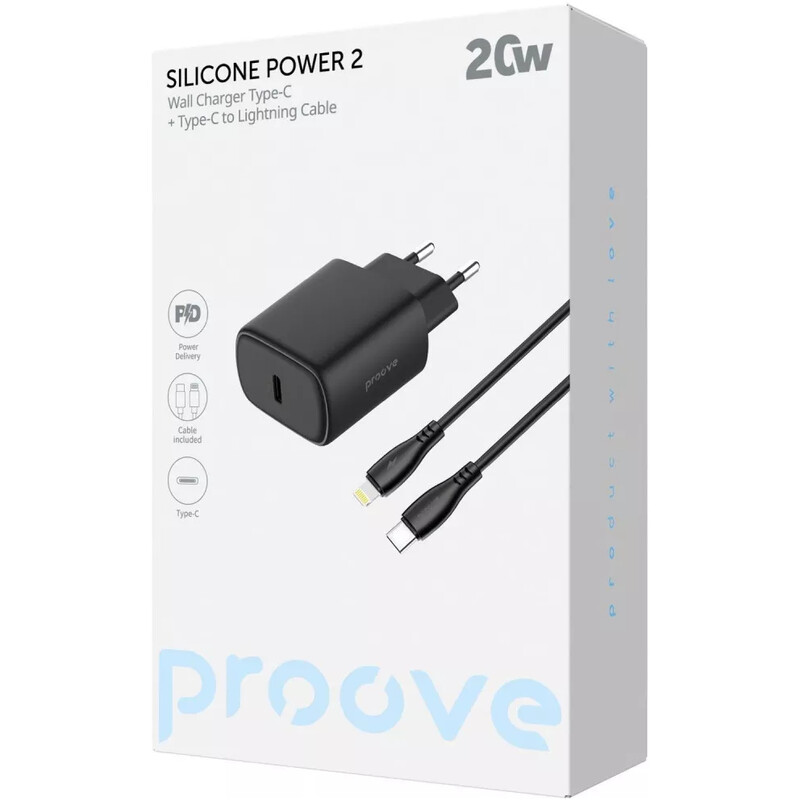 Мережевий зарядний пристрій Proove Silicone Power 2 (1USB-C) 20W Black (WCSP22010001) + кабель USB Type-C 1 м Lightning